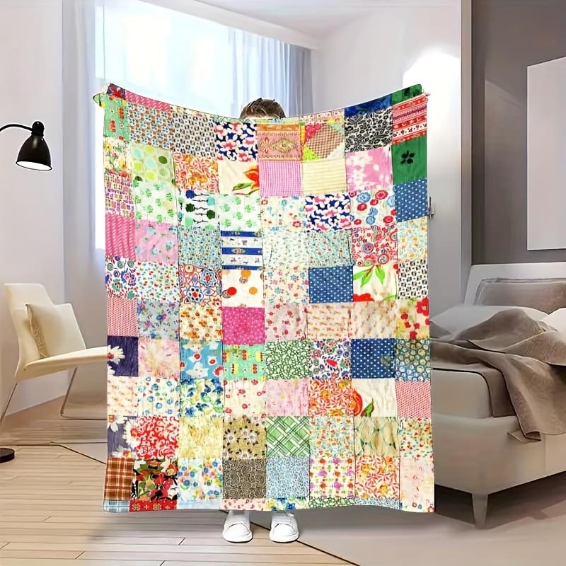 Vintage Floral Patchwork Flannel Blanket – Soft Warm Cozy Throw with Colorful Print – All Seasons Use for Home, Sofa or Bed