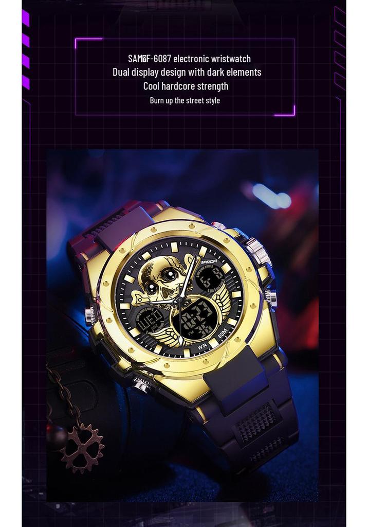 Sanda Skull Design Dual Display Waterproof Luminous Men's Student Multifunctional Watch