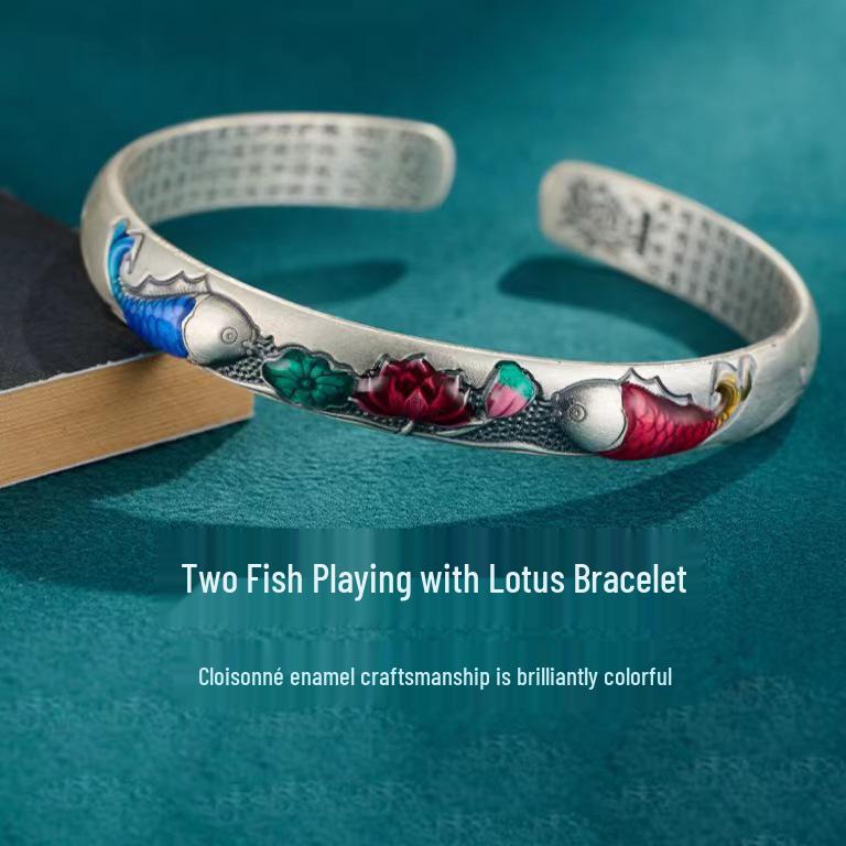 

Handmade Enamel Women s Bracelet: Double Fish and Lotus in Retro Ethnic Style