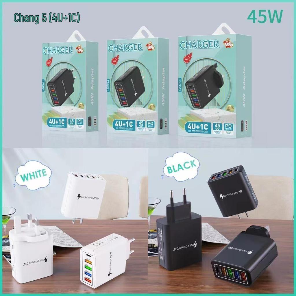 4-Port USB & 1-Port PD Mobile Phone Charger 5V 3.1A with EU, US, UK Plug