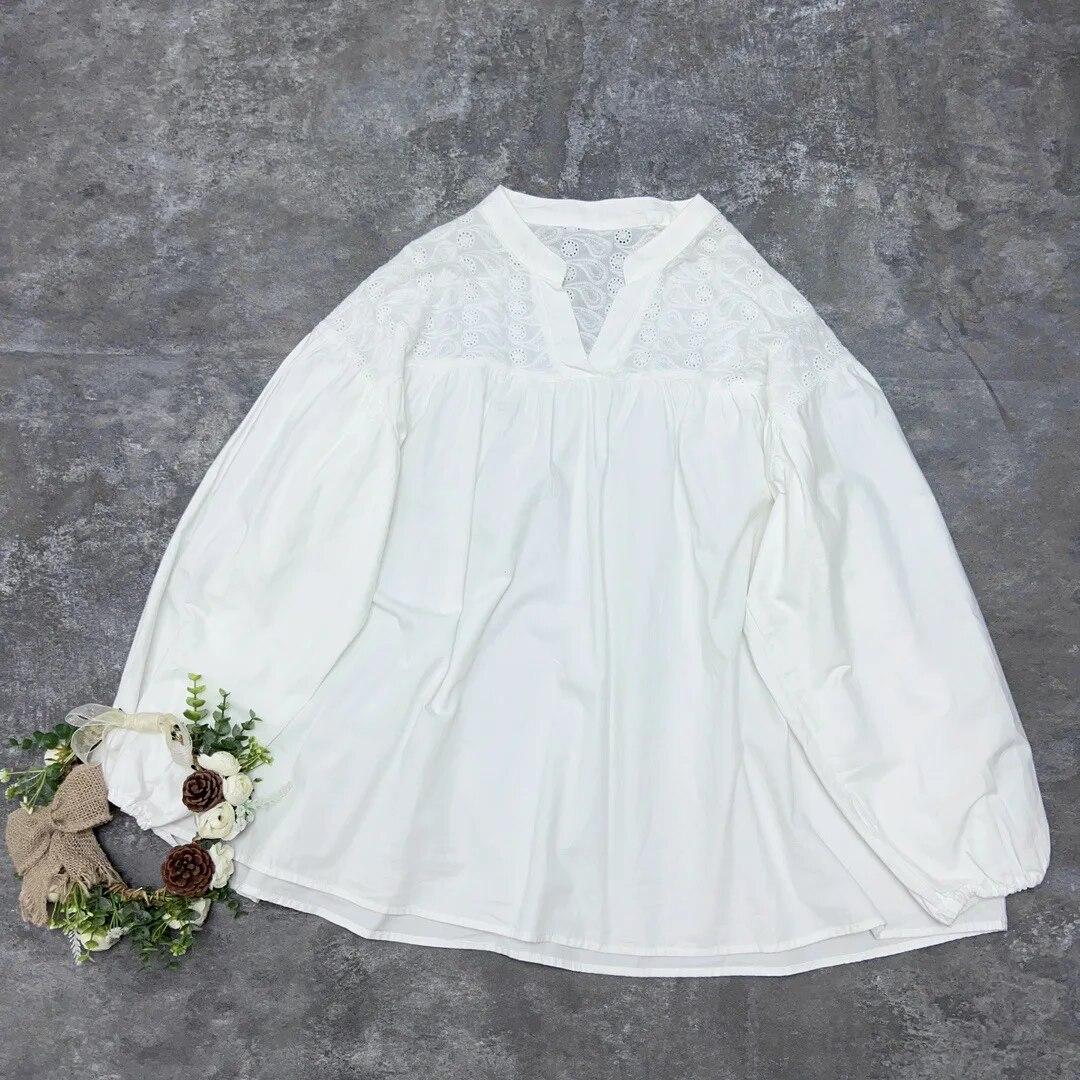 

Johnature, осенняя женская рубашка, свободный топ с длинным рукавом, повседневная винтажная хлопковая однотонная женская блузка с v-образным вырезом Mori One Size белый