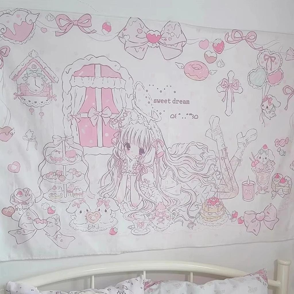 Sweet Dream Tapestry Wall Hanging Pink Purple Heart Cake Bow Design Dreamy Healing Style Bedroom Decor For Girls And Women