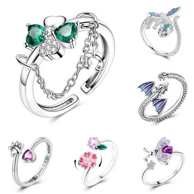 Clover Adjustable Ring 925 Silver Original Rotating Cherry Blossom Flower Open Rings For Women Wedding Jewelry Gift