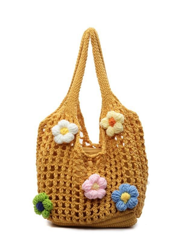 Cotton Woven Beach Bag With Floral Pattern For Summer Vacation And Daily Use