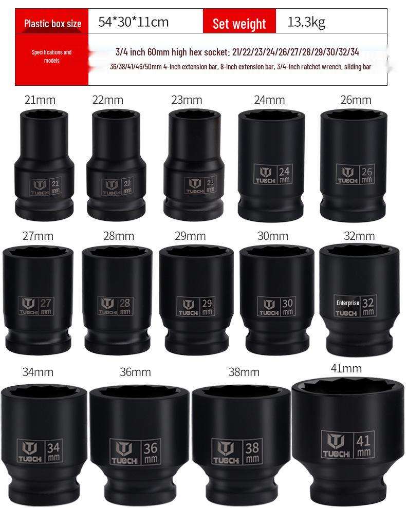 3/4" Heavy Duty 20-Piece Impact Socket Set - Hex12-Point Torx Wrench