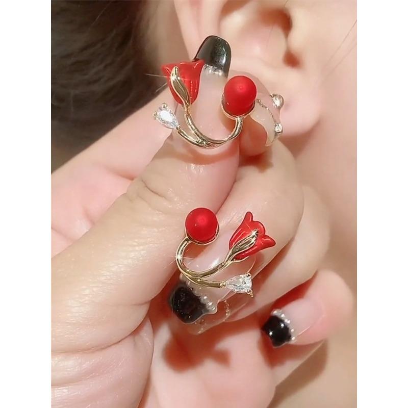 New Red Earrings for Women Tulip Earrings Japanese and Korean Light Luxury Flower Back-hanging Earrings