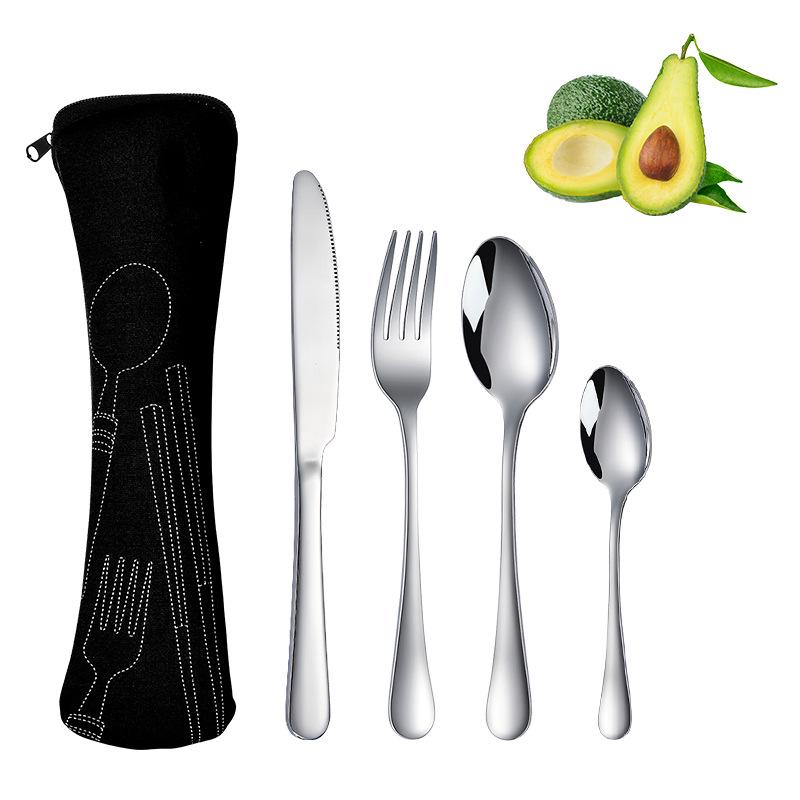 Stainless Steel Travel Cutlery Set: Knife, Fork, Spoon, Bottle Opener with Portable Storage Bag for Outdoor Camping