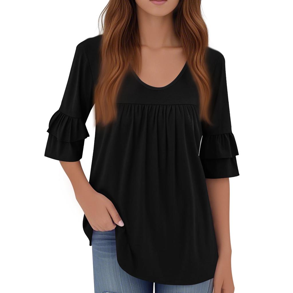 3/4 Length Sleeve Womens Tops Dressy Casual Blouses Bell Ruffle Sleeve Loose Fit Tunic Tops V Neck T Shirts
