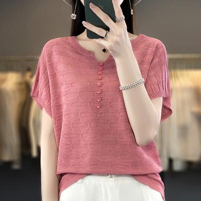 Yaz Kadın T-shirt Gevşek Rahat Kısa Kollu Düz Renk Gevşek Buz Ipek Örgü Üst