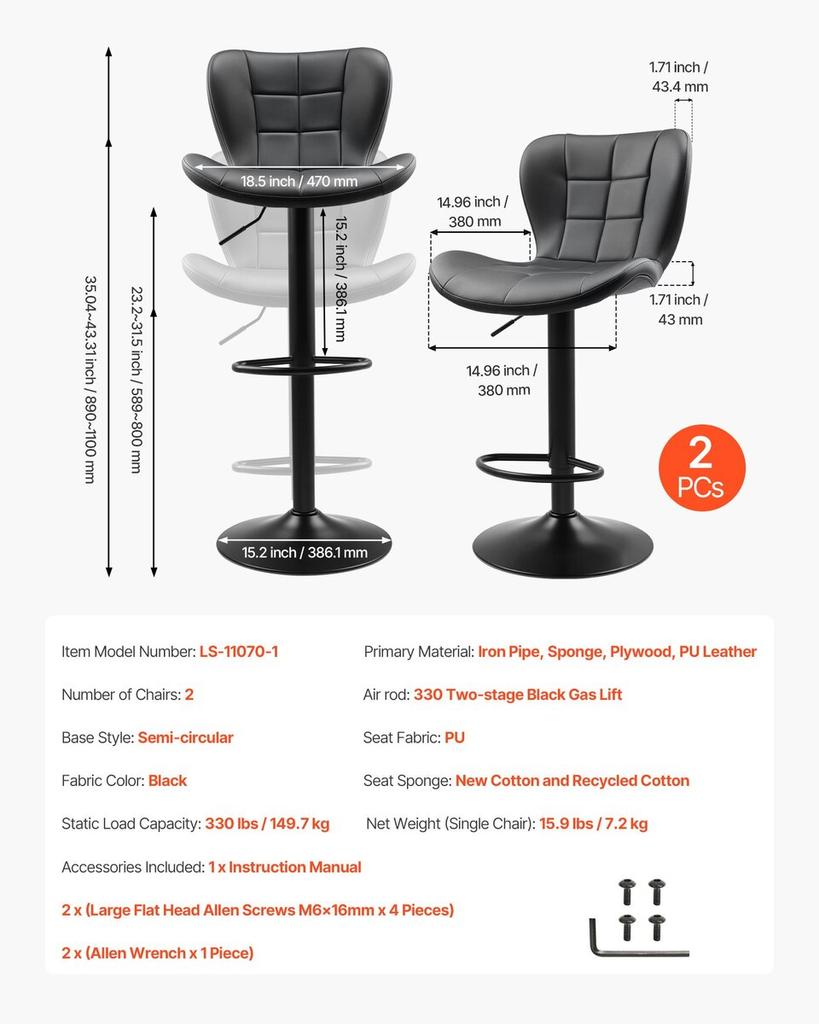 Bar Stool Set of 2, Modern PU Leather Counter Height Stools, Swivel Kitchen Barstool with Back and Footrest, Height Adjustable Armless Bar Chair,