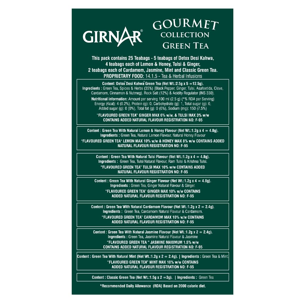 Girnar Zelený čaj Gourmet Collection Balení 1 ks (25 čajových sáčků) Přírodní příchutě bez kofeinu pro relaxační wellness