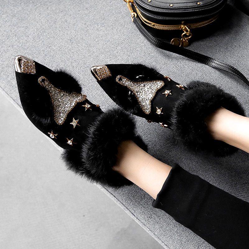 

2025 Fleece-Lined Fox Head Ankle Boots: Women s Chunky Heel, Furry Slip-On Winter Shoes 39