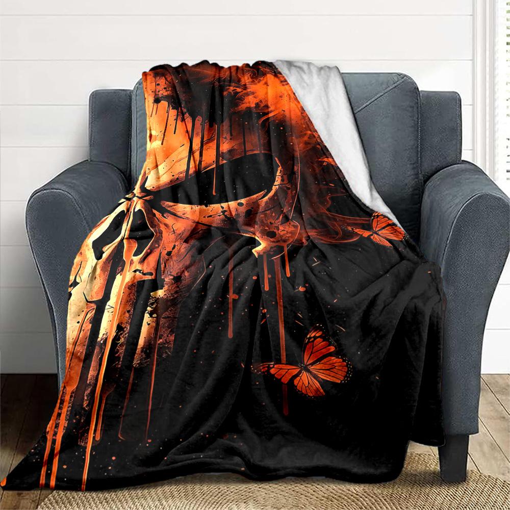 1pc Punisher Butterflies Skull Blanket, Lightweight Flannel Throw Blanket for Sofa, Bed, Travel, Camping, Living Room, Office, Couch016