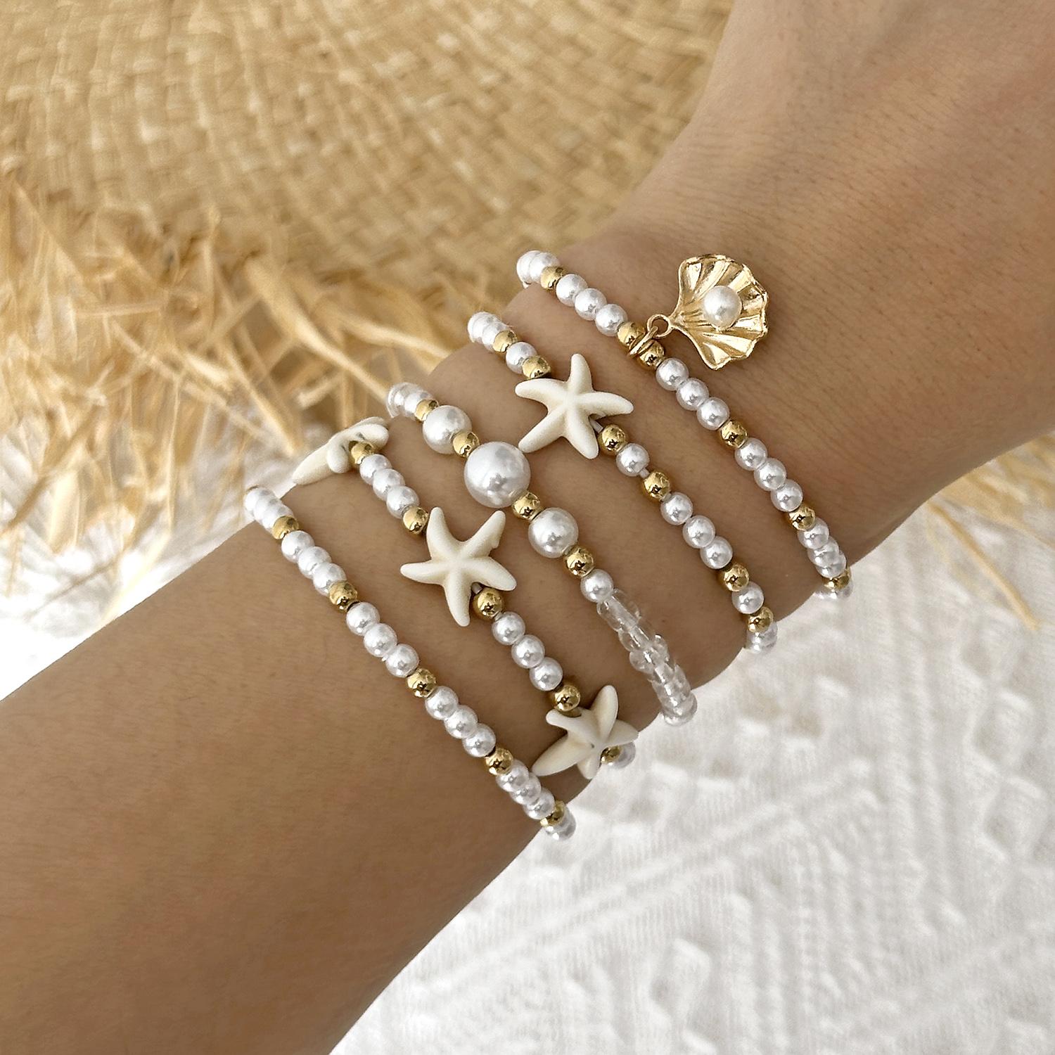 

Multilayer Shell Imitation Pearl Elastic Bracelets Set for Women Elegant Starfish Stackable Woven Chain Party Jewelry Gift