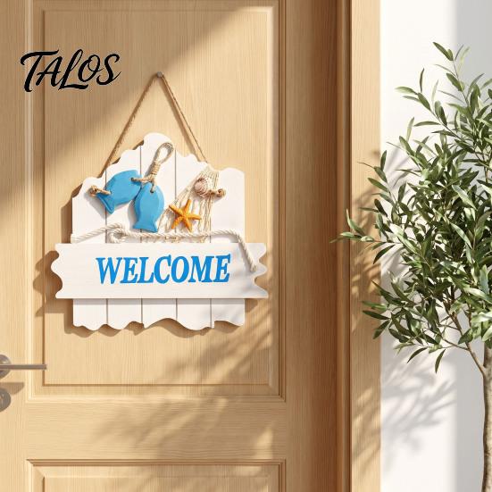 Marine Elements Wall Art Mediterranean Style Wooden Welcome Sign, Starfish And Shells Hanging Seaside Inspired Ornament Plaque, Decorative for