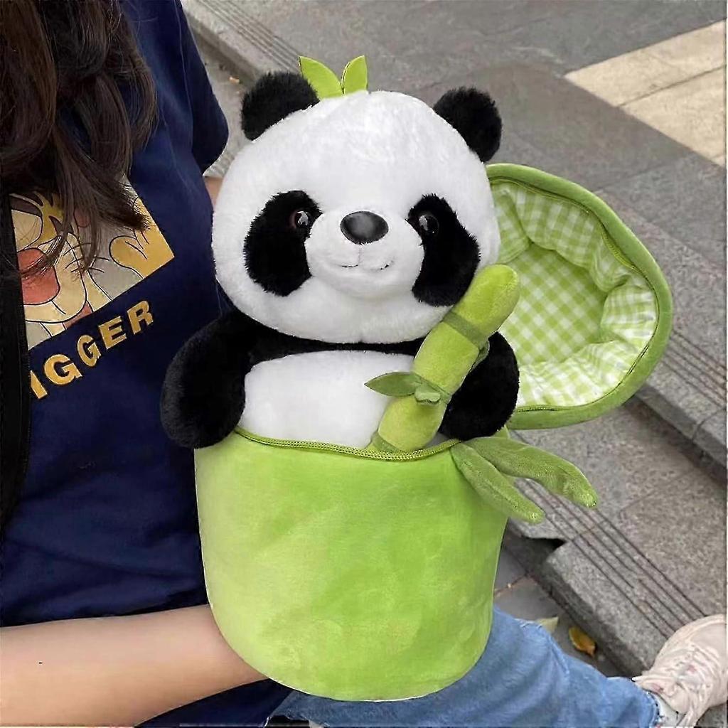 9.8 Inches ( 24.9 Cm) Panda Stuffed Animal, Cute Panda Plush Hugging Bamboo, Panda And Bamboo Tube Set Of 2, Bulky Panda Plush Toy Living In Bamboo
