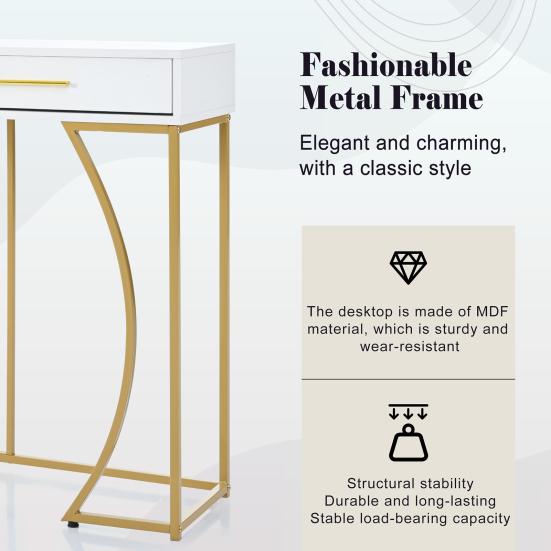Console Table with 2 Drawers Light Luxury Modern Metal Golden Frame Living Room Farmhouse Long Hallway Table Behind Sofa Narrow Entryway Table