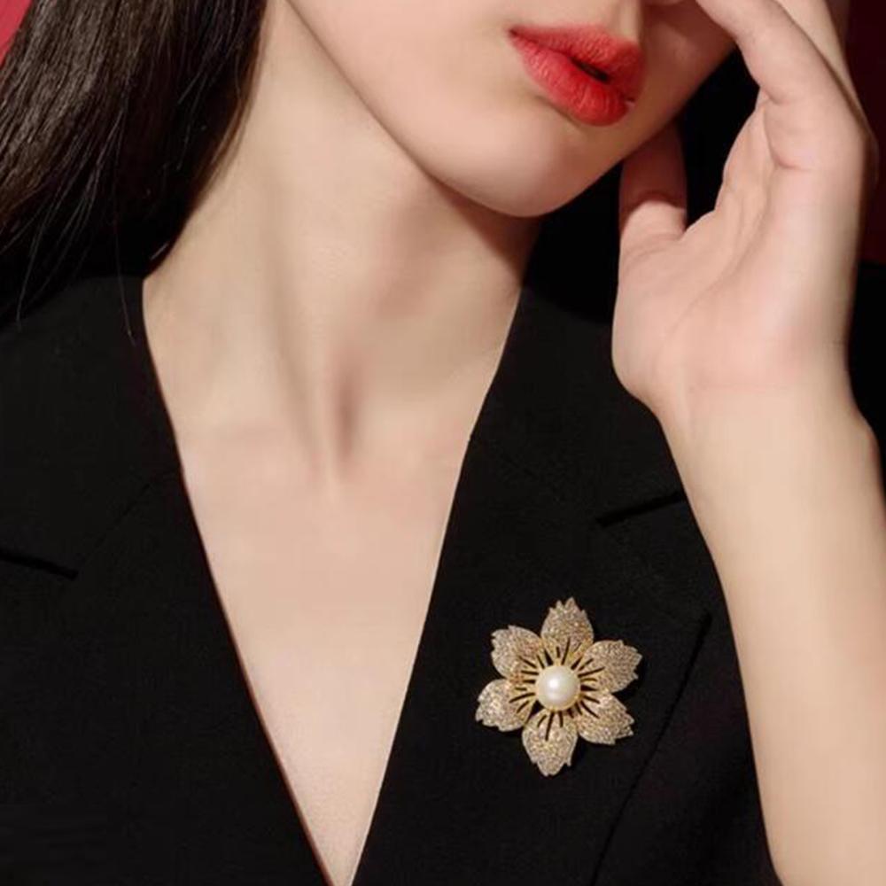 Gold Color Bauhinia Brooches Pearl Women's Corsage Flower Suit Wedding Party Elegant Lady Accessories Pin