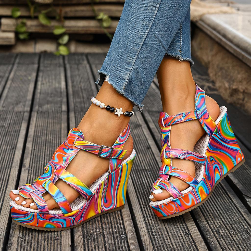 High Heel Sandals Women's New Cross-border Foreign Trade Large Size Wedge Embroidered One Line Buckle Peep Toe Platform Women