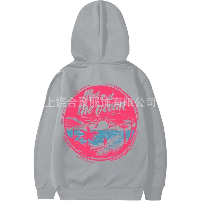 Women's Drop Shoulder Ribbed Fashion Print Hoodie XS-5XL: Long Sleeve Beach Sportswear Pullover