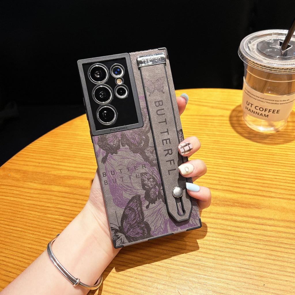 Samsung S24ULTRA Mobile Phone Case S23ULTRA Retro Imprinted Butterfly S22ULTRA Wristband Protection Case