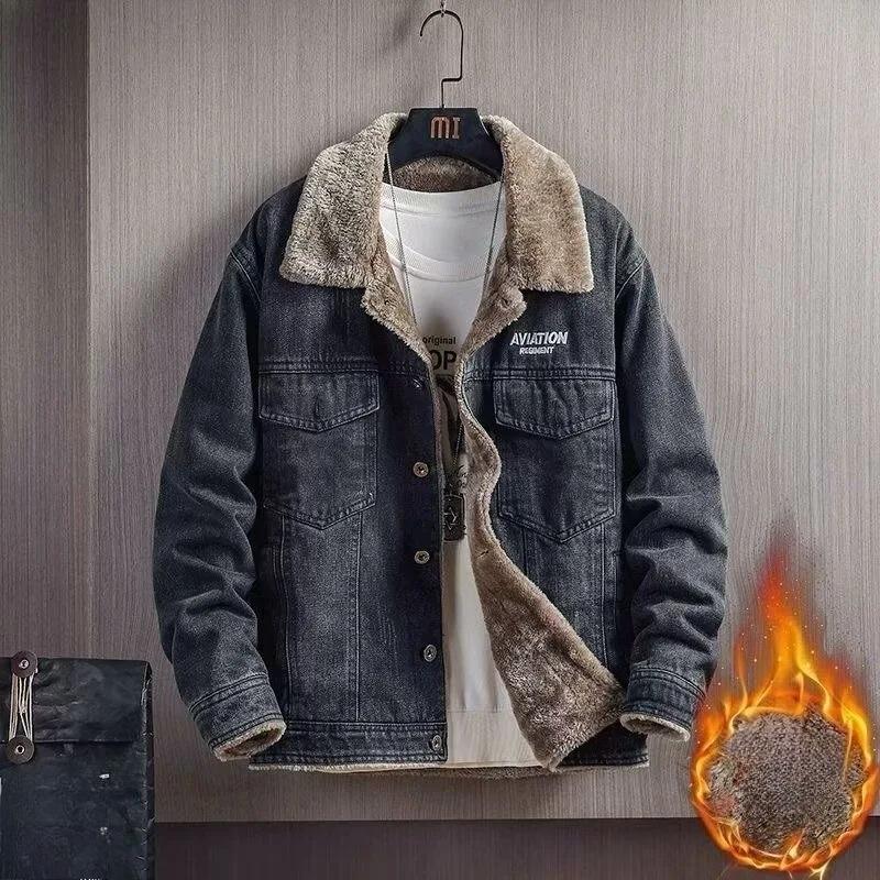 Herbst und Winter Mode Einfarbige Amerikanische Retro Verdickte Warme Jeansjacke Herren Freizeit Locker Sport Große Größe Mantel