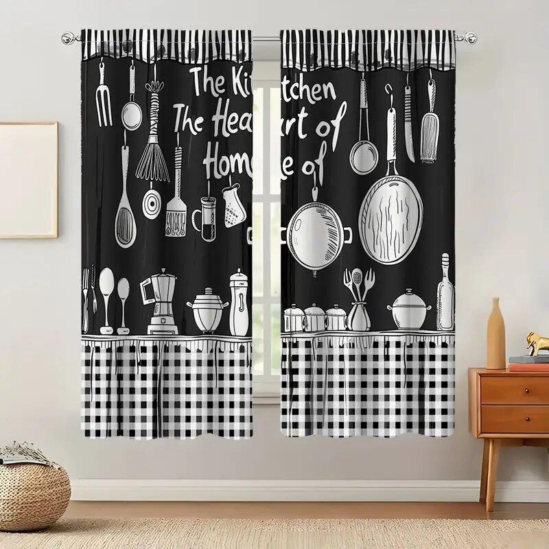 Fashionable black and white kitchen pattern printed curtains, window decoration, home decoration, room decoration