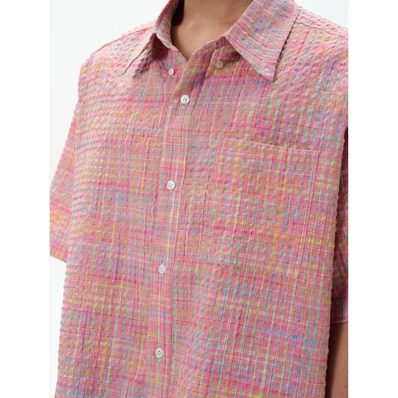 Kisko American Retro Style Yarn-Dyed Plaid Seersucker Short-Sleeve Shirt for Men and Women, Loose and Casual Design, Ins Style