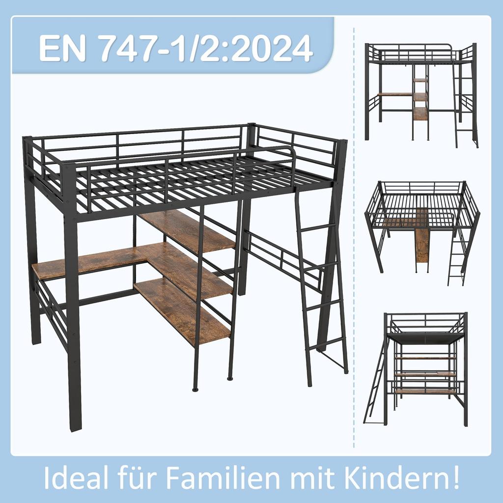 Kinderbett Hochbett 90x200 cm Funktionsbett Schreibtisch 3 Regale Etagenbett Bettrahmen Lattenrost ohne Matratze Kinder Erwachsene