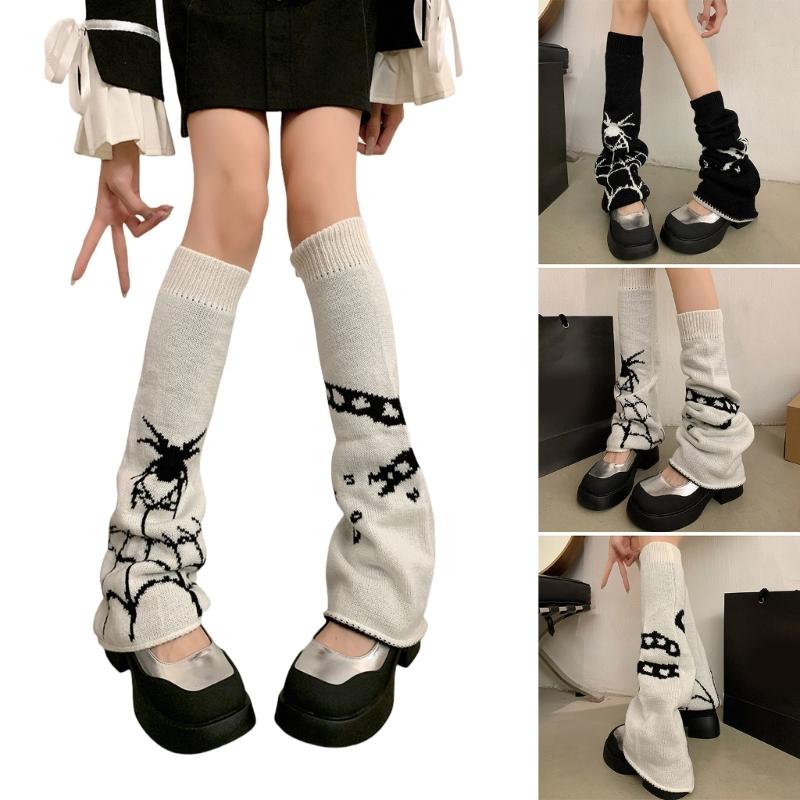 Harajuku Punk Spiderweb Knitted Leg Warmers Japanese Women Gothic Knee Length Long Socks Leggings Boot Cuffs Foot Covers