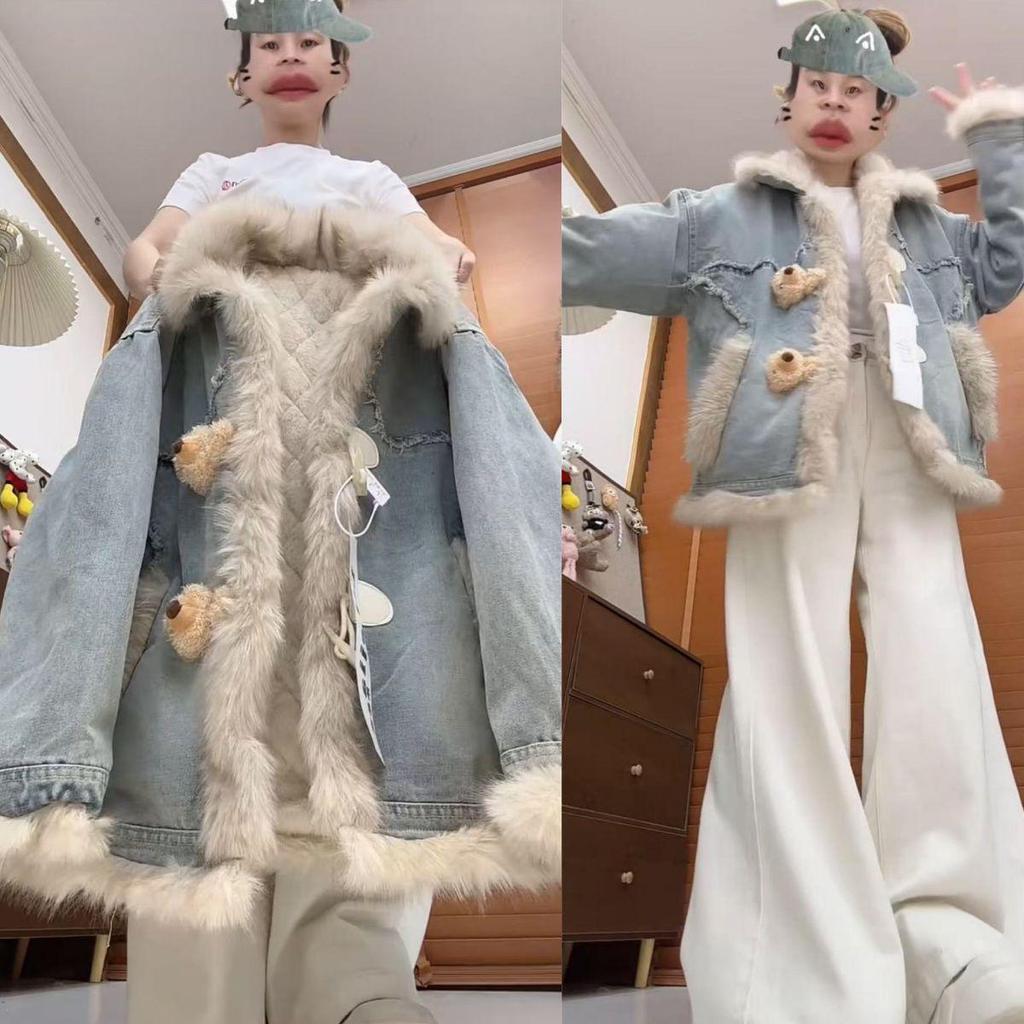 Damen Fuzzy Retro Denimjacke - Winter 2025 Street Style, Kurz & Verdickt mit Baumwollpolsterung.