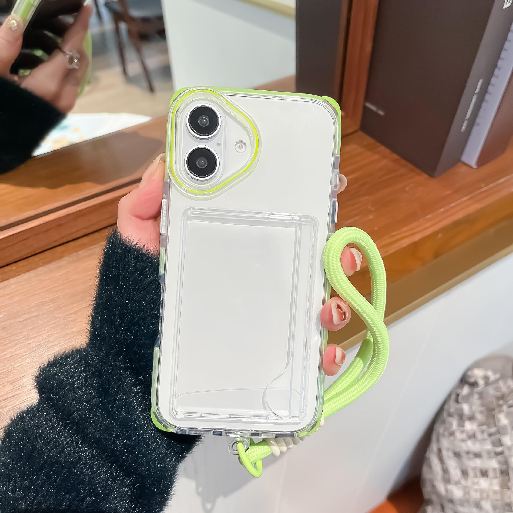 

Чехол для iPhone 16 с держателем для карт, прозрачный ПК+ТПУ, усиленные углы, чехол для телефона с ремешком на запястье A