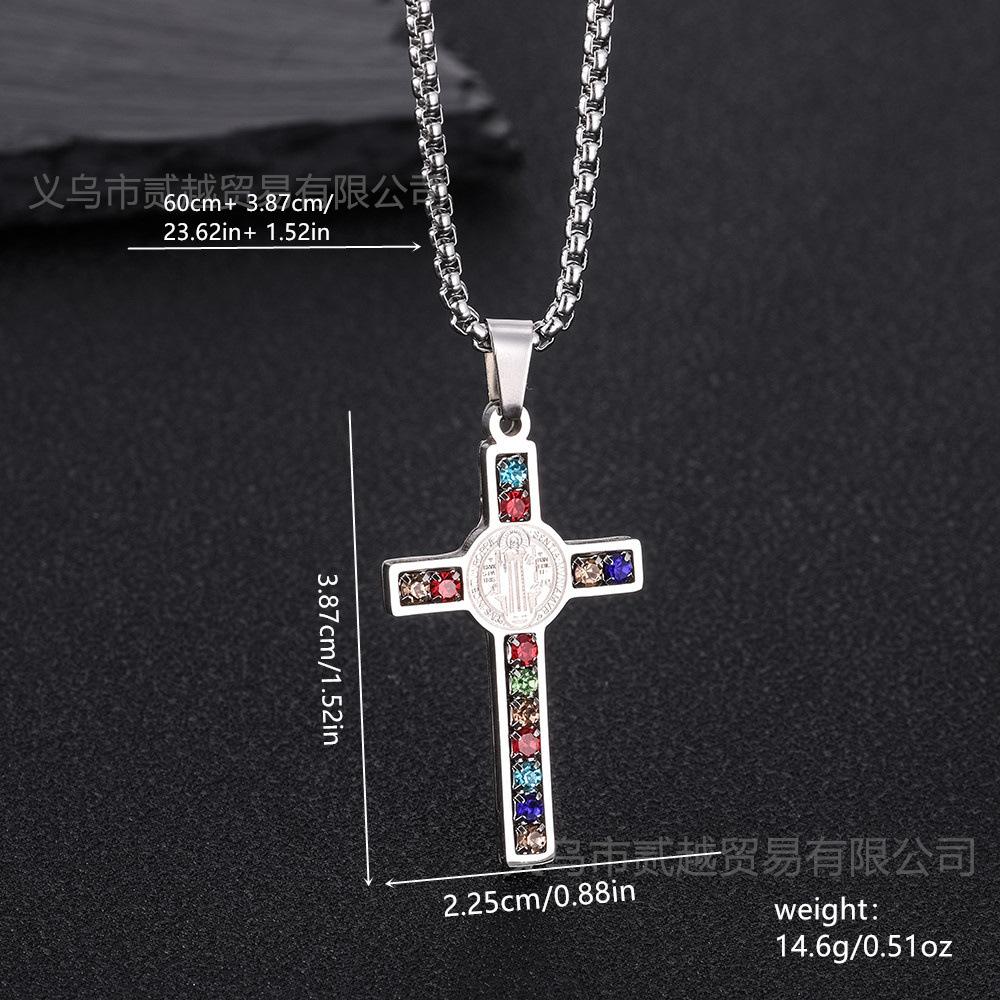 1PC Stylish Stainless Steel Cross Pendant Necklace, St. Benedict Pattern, Multi-Color Artificial Zirconia Embellishment