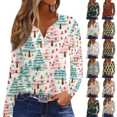 Women's Fashion Casual Christmas Printed V-Neck Long Sleeve Button Down T-Shirt Top