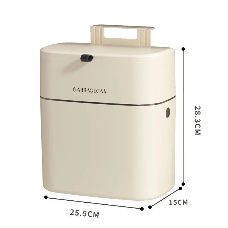 Kitchen Hanging Trash Can Household Cream White Traceless Adhesive Cabinet Trash Basket with Lid Household Wall Hanging Ins