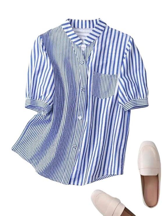 2026 Spring/Summer Women's Plus Size Blue & White Striped Loose Short-Sleeve Casual Shirt