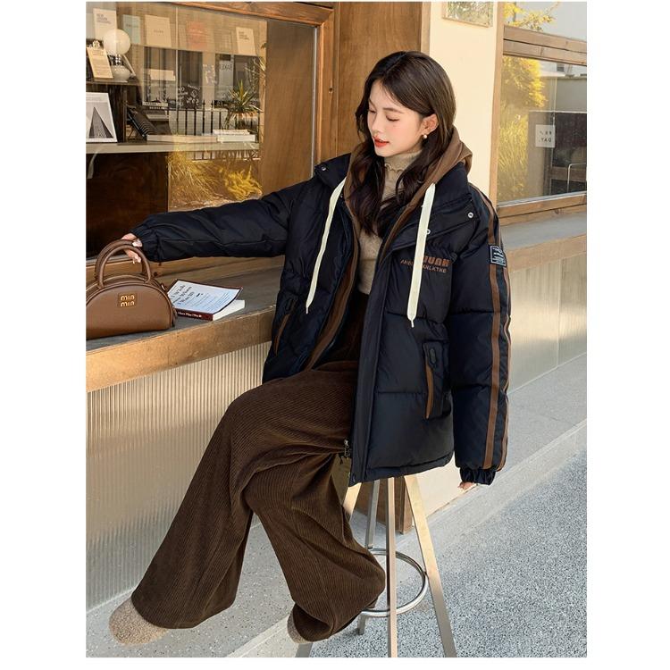 מעיל חורף מעובה לנשים עם צבעים מנוגדים, מעיל כותנה בסגנון קוריאני, גזרה קצרה, מעיל פוך דמוי שני חלקים