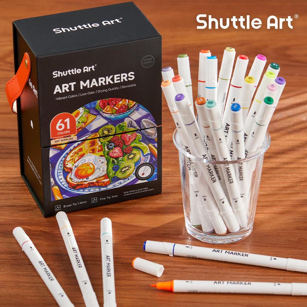 Shuttle Art Illustration Markers, 60 Colors, Beginner Set: Includes both thick and thin tip markers and a blender pen. Fine-tipped, oil-based, alcohol