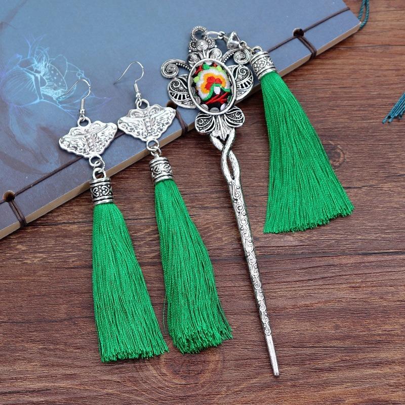 Vintage embroidery earrings hairpin classical temperament Miao peacock flower fringed earrings hair accessories set women