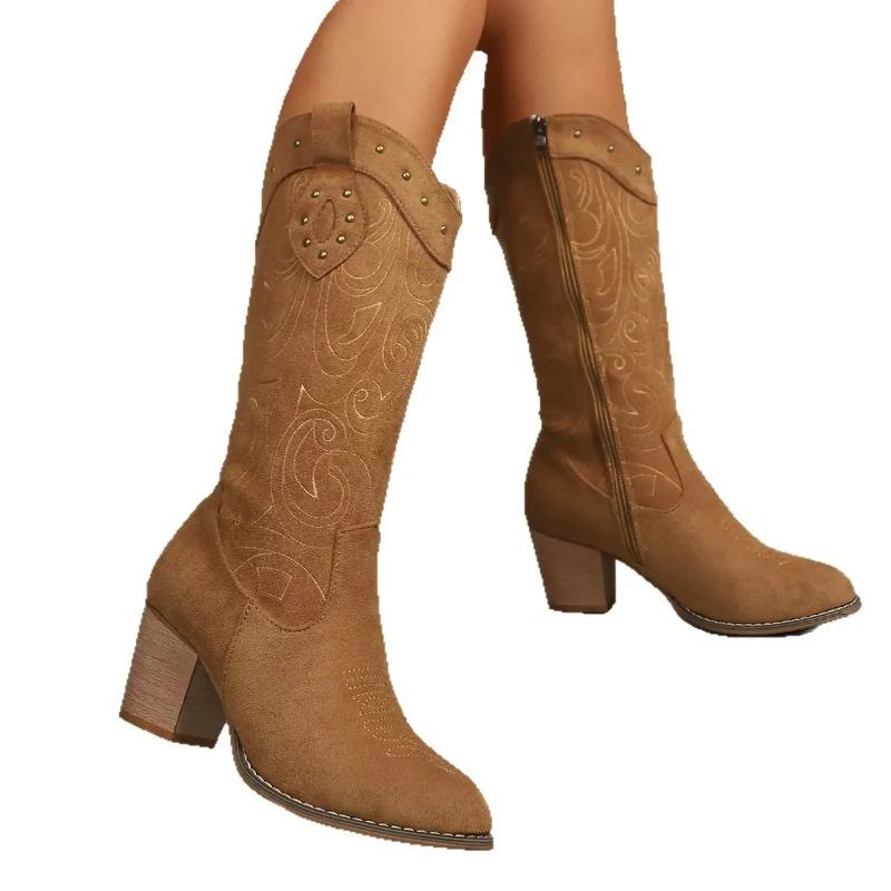 Fashion Retro Mid-Calf Women's Boots Soft Rubber Upper Embroidered Western Tube V-Notch Large Size Autumn Winter Thick Heel Slimming