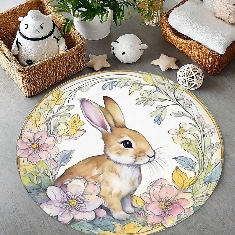 Rabbit Round Carpet Cartoon Rabbit Flower Printed Rug Living Room Bedroom Dressing Table Mat Home Decoration