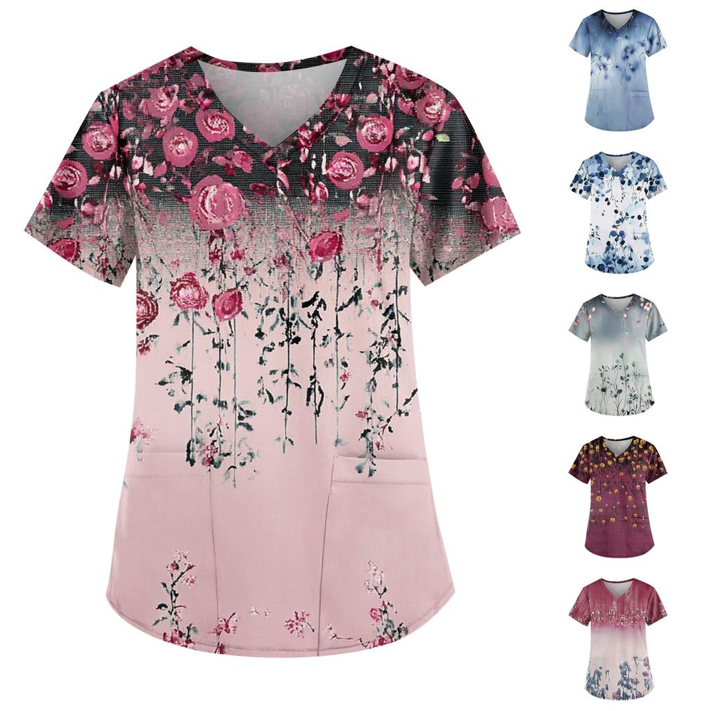 Tops estampados casuais da moda com decote em V feminino e roupas de trabalho protetoras
