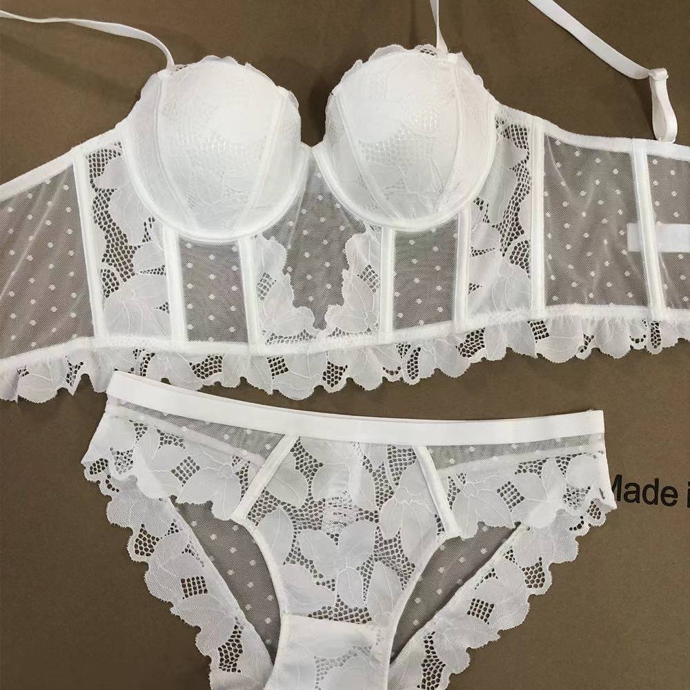 Set reggiseno push up lungo ricamato in pizzo francese Intimo donna sexy Set di reggiseno e mutandine traspiranti con body shaper a lisca di pesce
