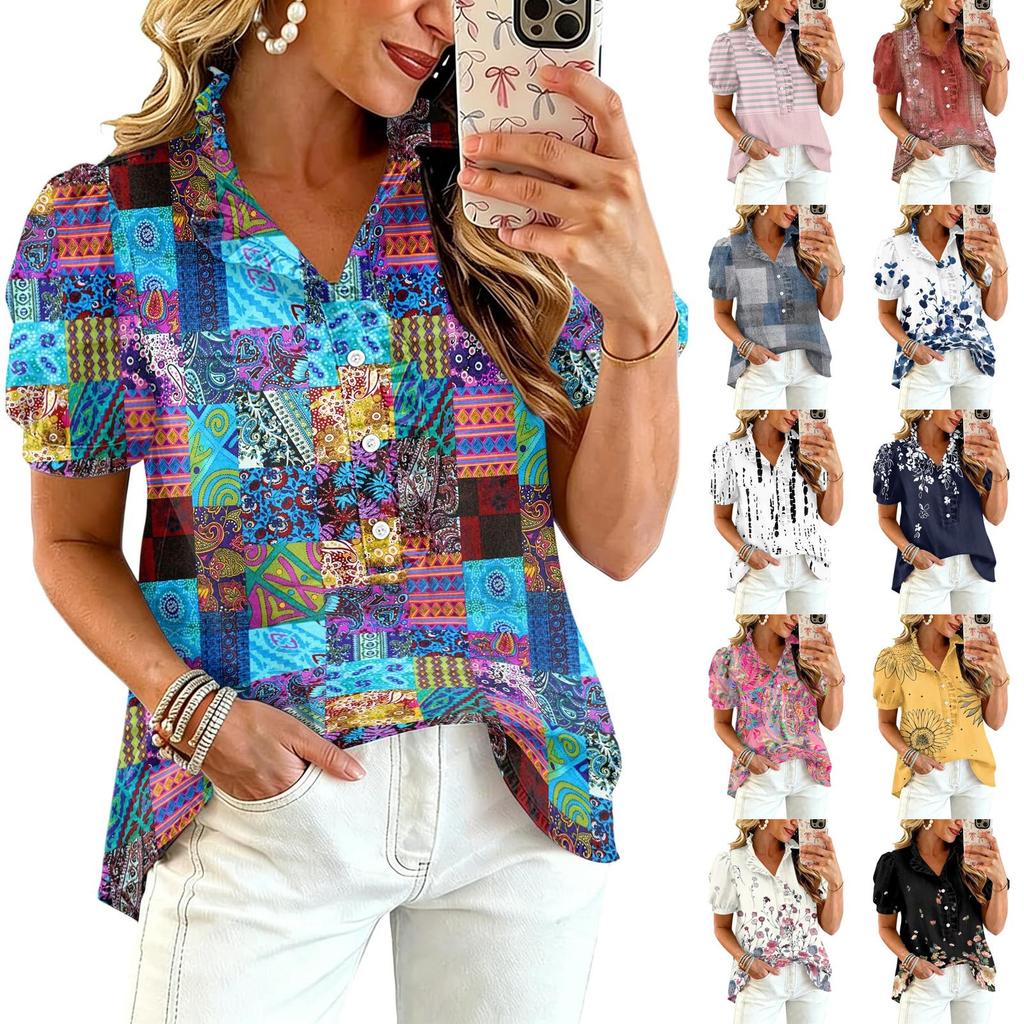 Women's Fashion Casual Ruffle V-Neck Print Blouse for Summer