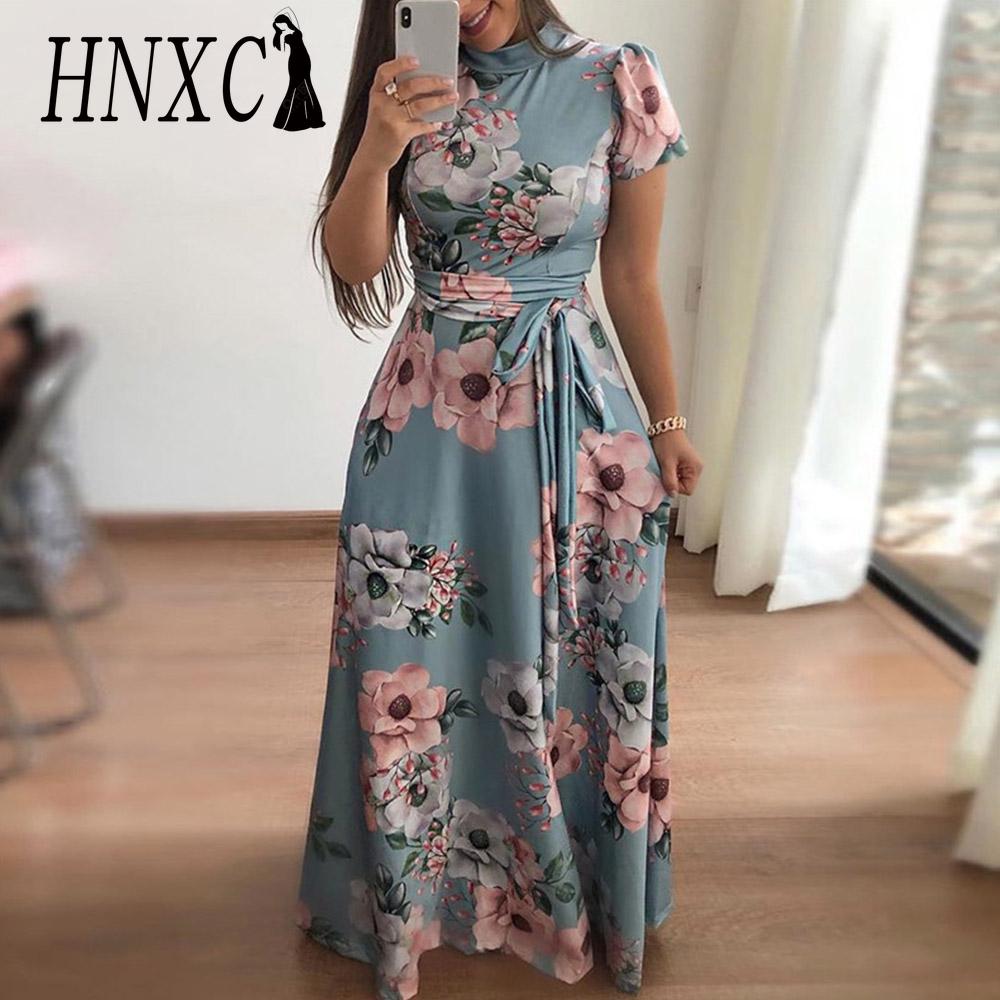 

HNXC Женское летнее платье в пол, с цветочным принтом, с коротким рукавом, с круглым вырезом, повседневное XXL синий