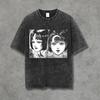 Washed Cotton Horror Anime Graphic T-Shirt Retro Manga Character Print Tee Casual Loose Short Sleeve