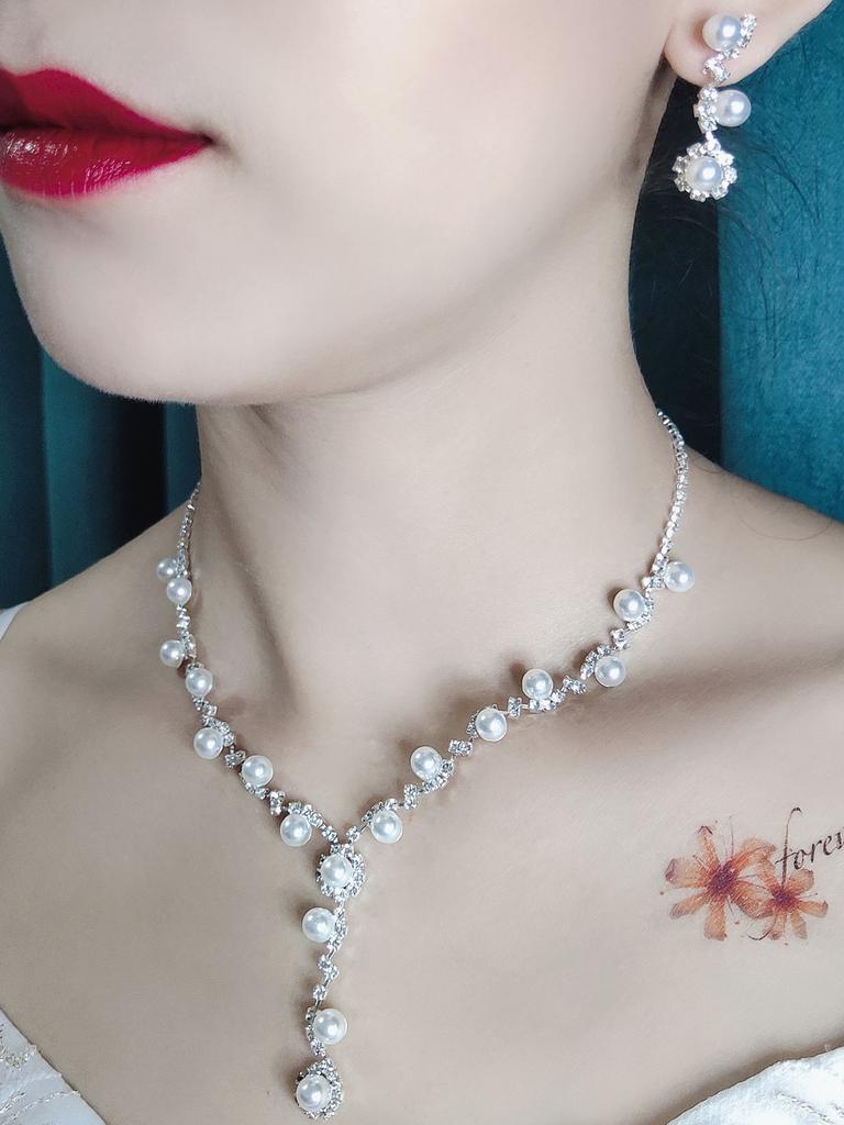 Set de 4 piezas de joyería para novia, collar de perlas y pedrería, pendientes, pulseras, accesorios para vestido de cena