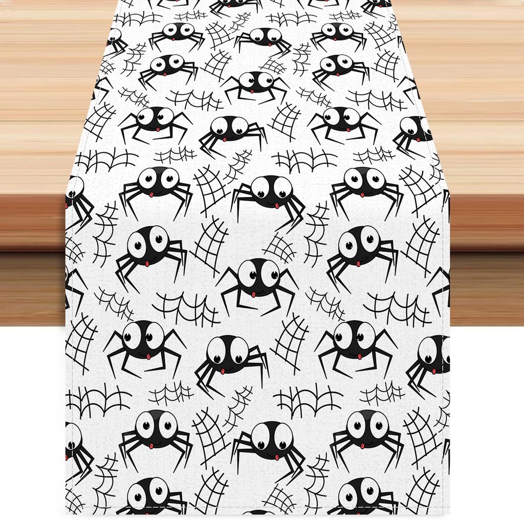 1pc White Black Halloween Table Runner with Cute Spiders Waterproof Durable Tablecloth for Halloween Themed Party Decoration