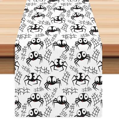 1pc White Black Halloween Table Runner with Cute Spiders Waterproof Durable Tablecloth for Halloween Themed Party Decoration