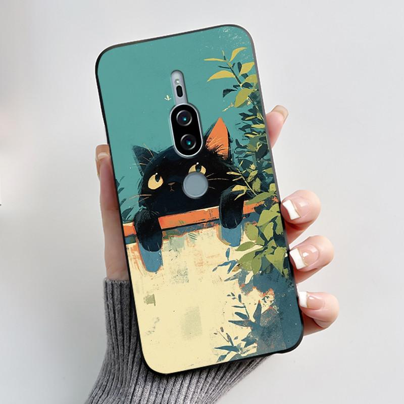 Per Sony Xperia XZ2 Premium SOV38 H8166 H8116 Custodia per Telefono Estetica Moda Gatto Carino Cartone Animato Nero Tocco Morbido Posteriore Cover in Silicone